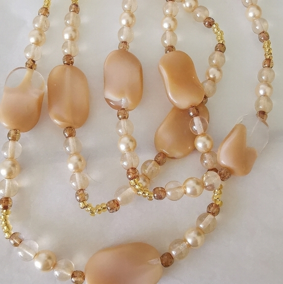Vintage Czech beaded Three strand Necklace Caramels with Pearls - Picture 2 of 3